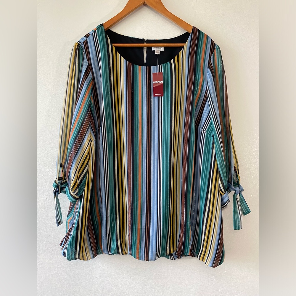 Avenue Plus Size 18/20 Multicolor Striped Tie Sleeve Blouse NWT